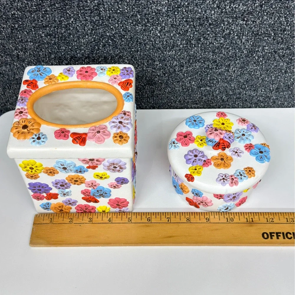Vintage 1978 Arnel's Ceramic Floral Tissue Box Cover & Trinket Jar Set 70s Decor